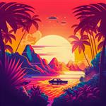 منظره غروب خورشید Synthwave با تصویر موج یکپارچهسازی با سیستمعامل درختان نخل