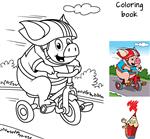 خوک کوچک بامزه دوچرخه سواری می کند کتاب رنگ آمیزی تصویر برداری کارتونی