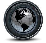 لنز عکس دوربین و کره زمین نقره‌ای دنیای داخل نماد دوربین تصویر برداری