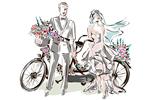 دعوت نامه روز عروسی با زوج شیرین در نزدیکی دوچرخه پشت سر هم تصویر برداری