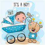 کارت تبریک یک پسر با کالسکه بچه و خرس عروسکی است