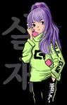 این دختر انیمیشنی با لباس های بدنسازی در حال انجام ژست های جالب با موهای بنفش خود است روی سویشرت سبز حرف G روی آن نوشته شده است یک تلفن همراه و هدفون صورتی رنگ وجود دارد متن ژاپنی به معنای واقعی است