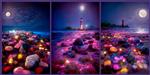 جواهرات درخشان درخشان در ساحل دریا در نور ماه پراکنده شده اند مجموعه ای از سه تصویر رندر سه بعدی