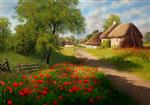 نقاشی رنگ روغن منظره روستایی روستای قدیمی خانه قدیمی در جنگل منظره تابستانی زیبا با جاده ای در روستا