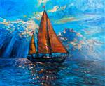 نقاشی رنگ روغن اصلی کشتی بادبانی و دریا روی بوم امپرسیونیسم مدرن اثر نیکولوف