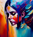 نقاشی فلوریت با رنگ روغن تصویر انتزاعی مفهومی از یک دختر زیبا نمای نزدیک انتزاعی مفهومی از نقاشی رنگ روغن و چاقوی پالت روی بوم و صورت با جزئیات کامل