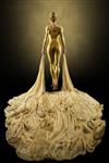 نمای پشت بدن زن طلایی مدل مد Silhouette در حال کشیدن پارچه طلایی روان طول کامل بیش از تاریکی