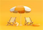چتر ساحل با صندلی و لوازم جانبی ساحل در زمینه نارنجی روشن مفهوم تعطیلات تابستانی مفهوم مینیمالیسم رندر سه بعدی تصویرسازی سه بعدی