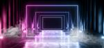 Smoke Neon Led Sci Fi آینده‌گرایانه کلاسیک پانتون آبی بنفش فلورسنت مستطیل درخشان فلزی فلزی بیگانه نمایشگاه فضاپیمای فضایی راهرو زیرزمینی تصویر رندر سایبری سه بعدی