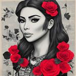 تصویرسازی هنری چهره زن با گل رز، کاغذ و روزنامه
