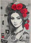 ترکیب هنری چهره زن با گل رز و کاغذ