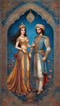 پوستر نقاشی دیجیتال با جزئیات دقیق از لباس پادشاه و ملکه هخامنشی