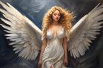 اثر هنری بی نظیر از فرشته ای با بال های طلایی، موهای فر و لباس بلند سفید