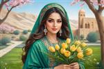 سبد گل در دست دختر جوان ایرانی در نقاشی هنری نوروزی